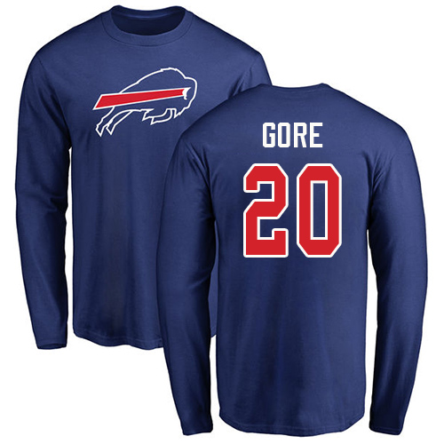 Men NFL Buffalo Bills #20 Frank Gore Royal Blue Name and Number Logo Long Sleeve T Shirt->nfl t-shirts->Sports Accessory